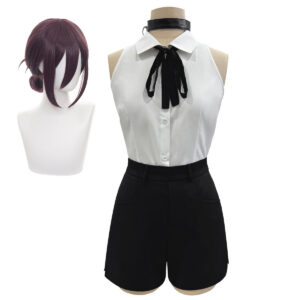 YOO Chainsaw Anime Reze Cosplay Costume Wig White Shirt Black Shorts Choker Tie Halloween Christmas Convention Rose Net