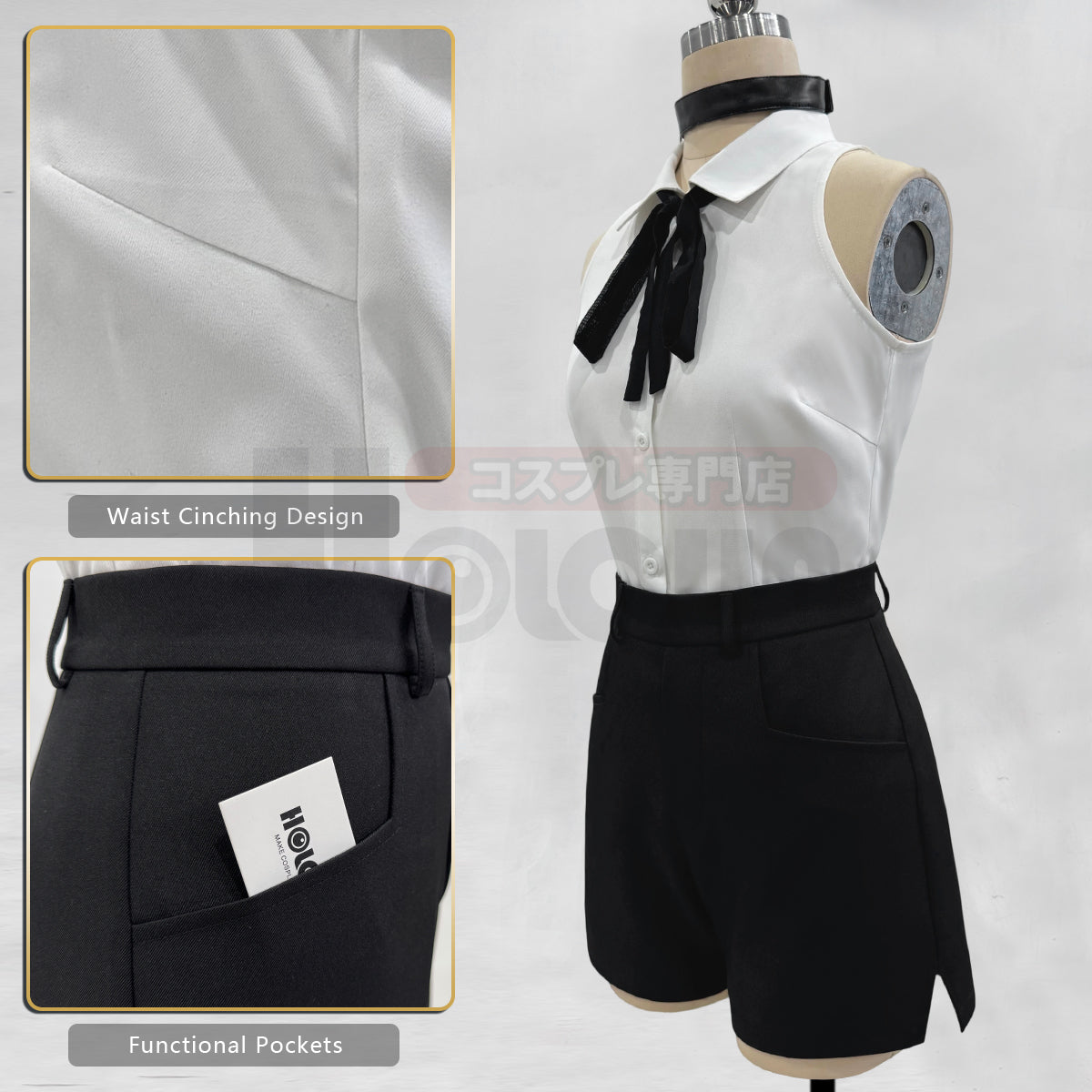 YOO Chainsaw Anime Reze Cosplay Costume Wig White Shirt Black Shorts Choker Tie Halloween Christmas Convention Rose Net thumbnail 10