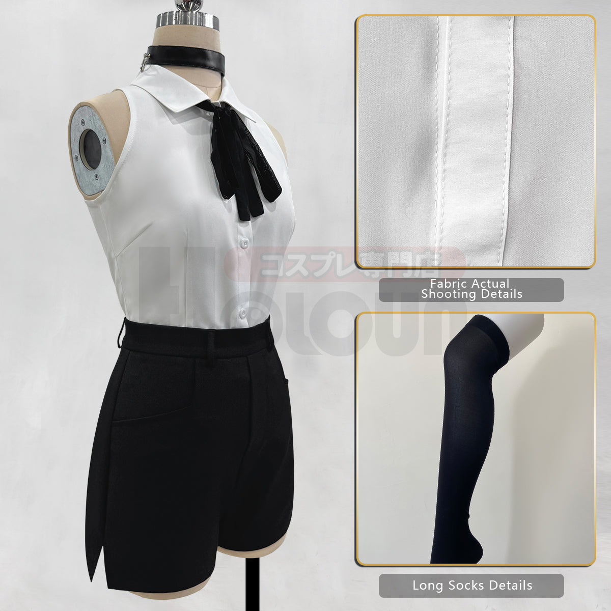 YOO Chainsaw Anime Reze Cosplay Costume Wig White Shirt Black Shorts Choker Tie Halloween Christmas Convention Rose Net thumbnail 11
