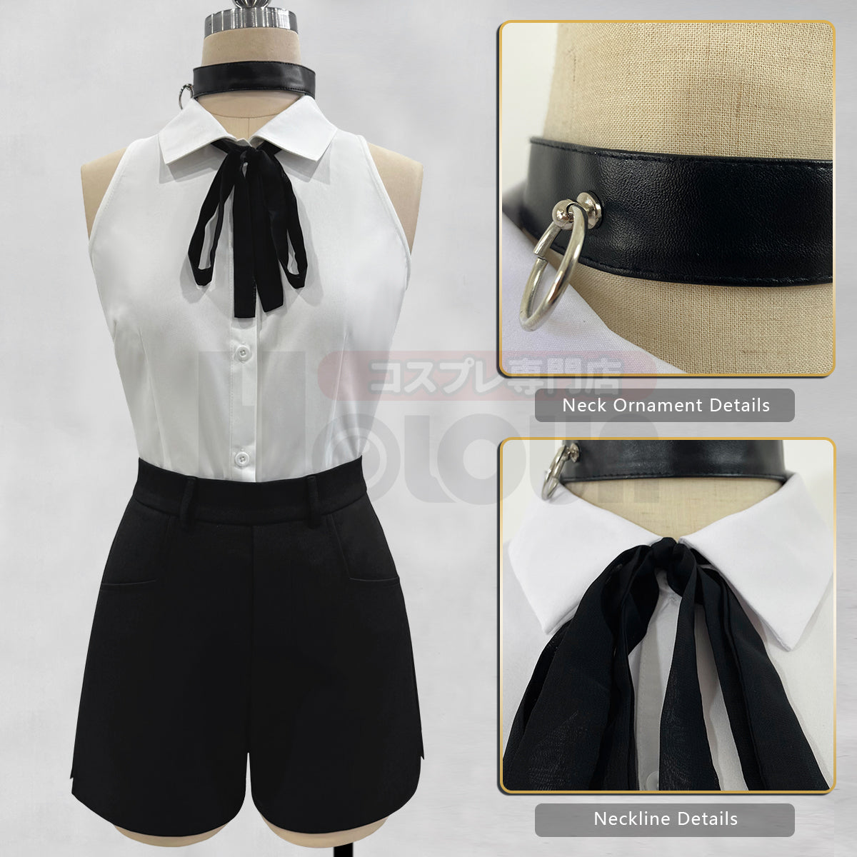 YOO Chainsaw Anime Reze Cosplay Costume Wig White Shirt Black Shorts Choker Tie Halloween Christmas Convention Rose Net thumbnail 15