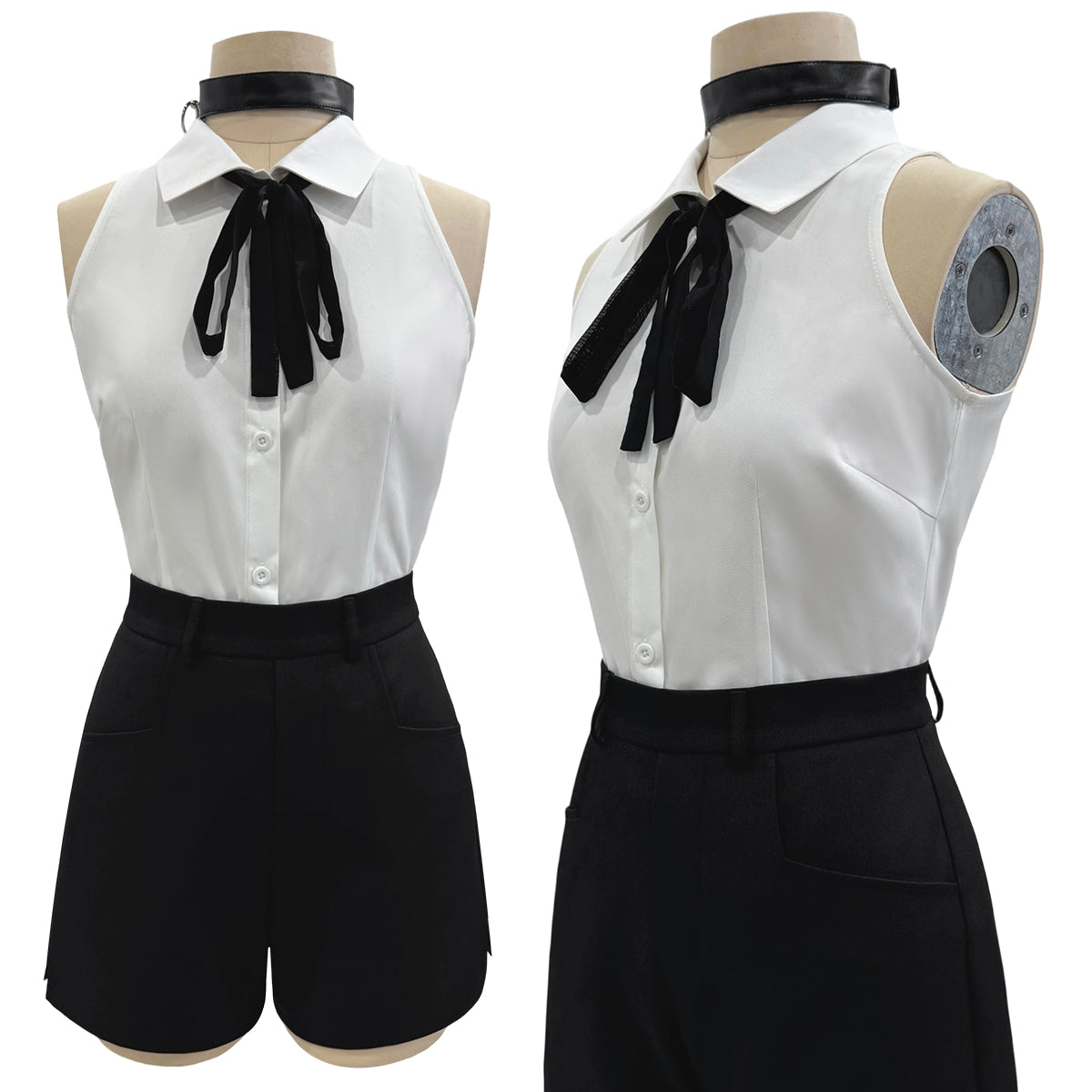 YOO Chainsaw Anime Reze Cosplay Costume Wig White Shirt Black Shorts Choker Tie Halloween Christmas Convention Rose Net thumbnail 2