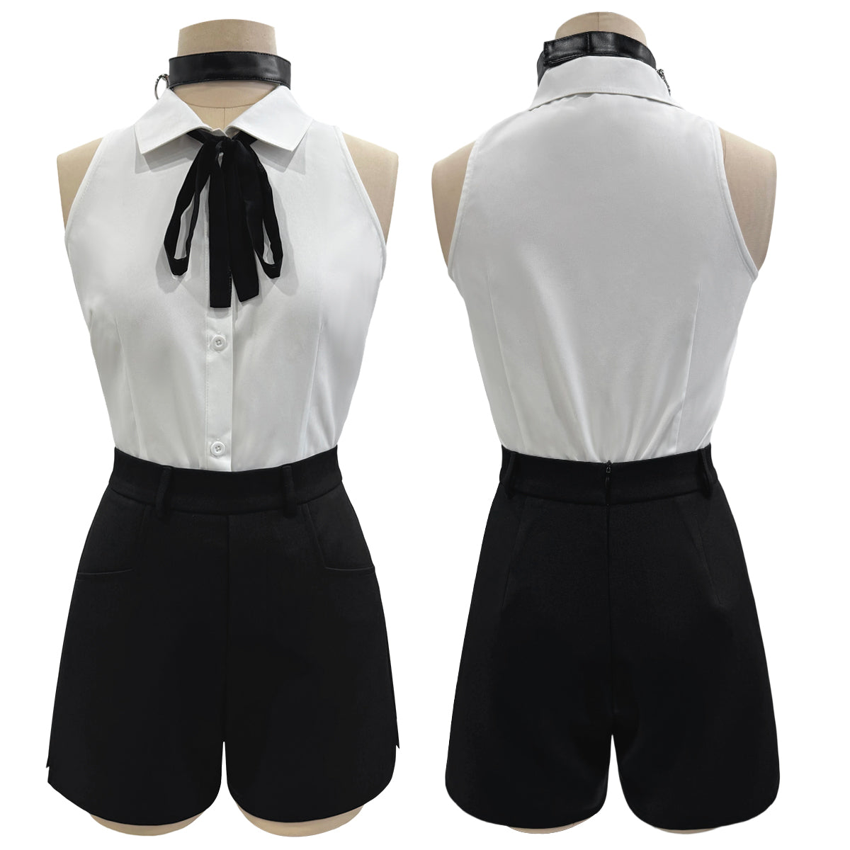 YOO Chainsaw Anime Reze Cosplay Costume Wig White Shirt Black Shorts Choker Tie Halloween Christmas Convention Rose Net thumbnail 3