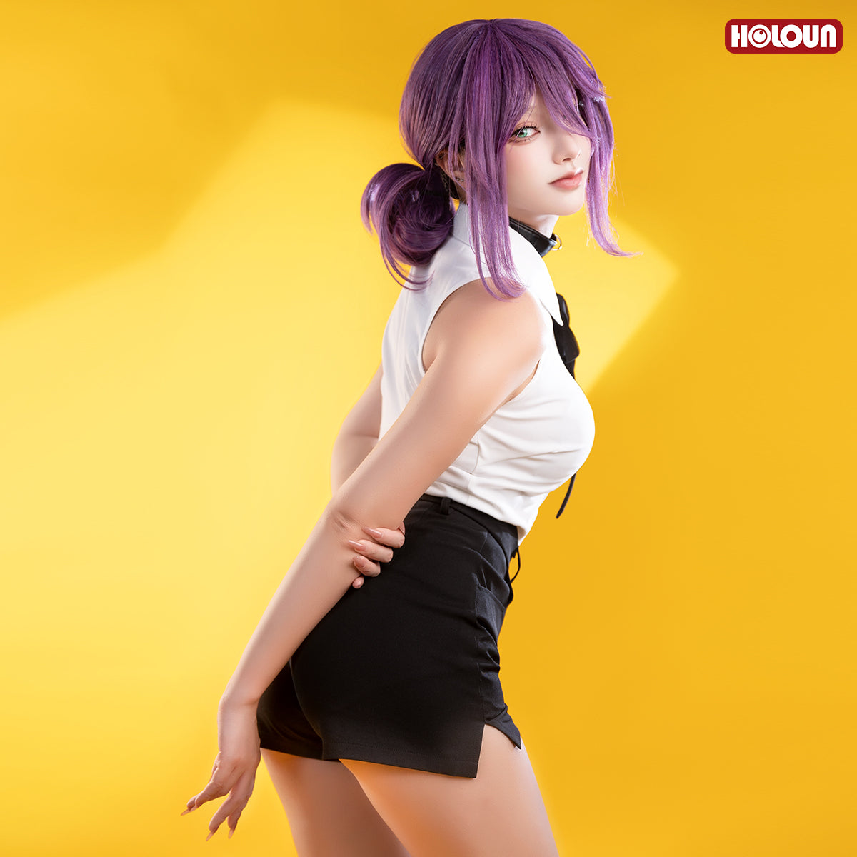 YOO Chainsaw Anime Reze Cosplay Costume Wig White Shirt Black Shorts Choker Tie Halloween Christmas Convention Rose Net thumbnail 5