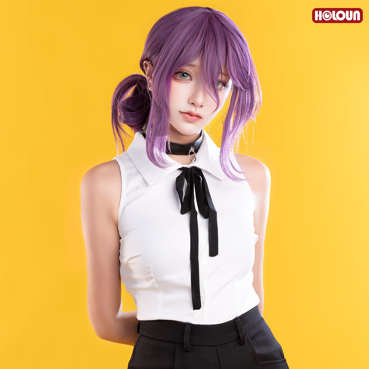 YOO Chainsaw Anime Reze Cosplay Costume Wig White Shirt Black Shorts Choker Tie Halloween Christmas Convention Rose Net thumbnail 6