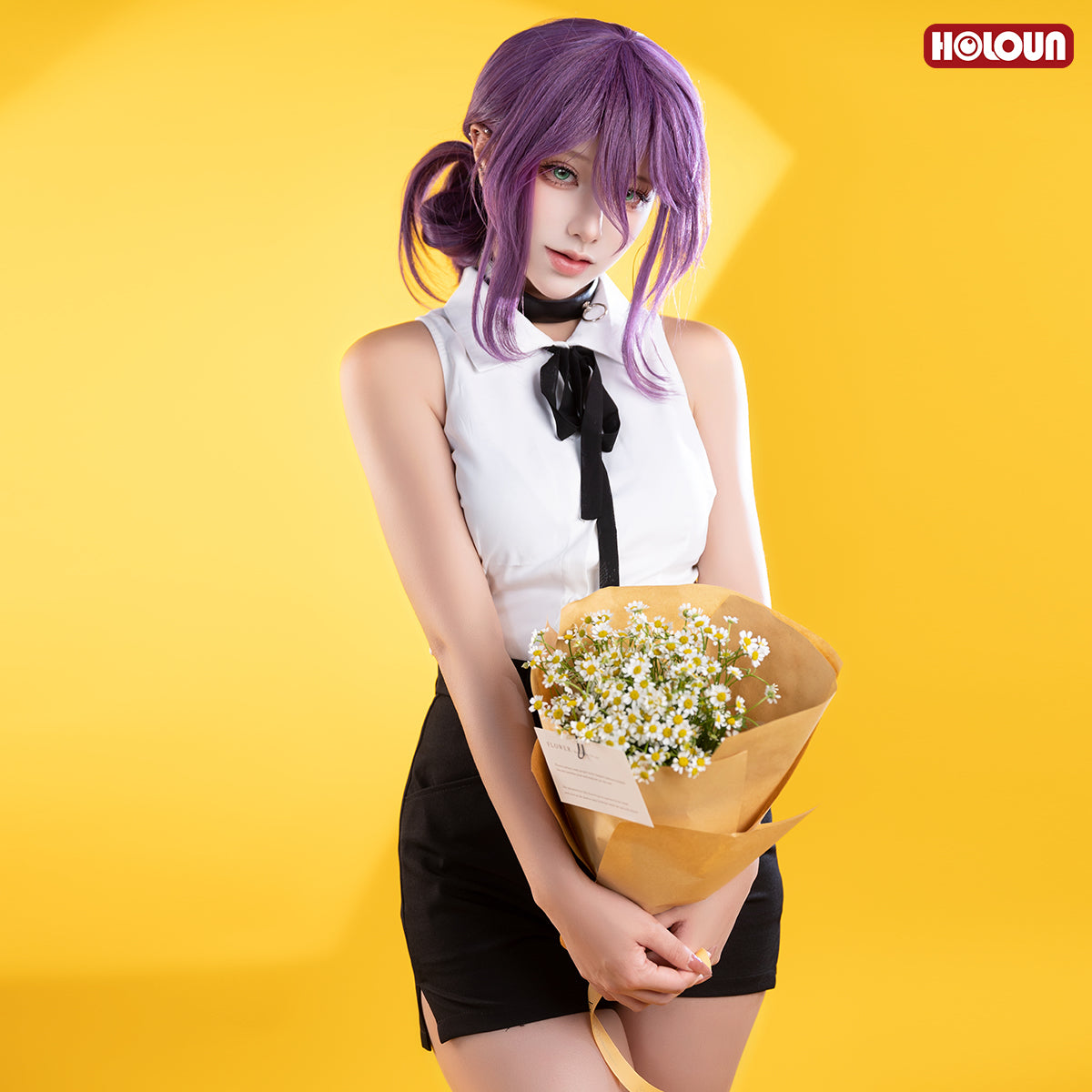 YOO Chainsaw Anime Reze Cosplay Costume Wig White Shirt Black Shorts Choker Tie Halloween Christmas Convention Rose Net thumbnail 8