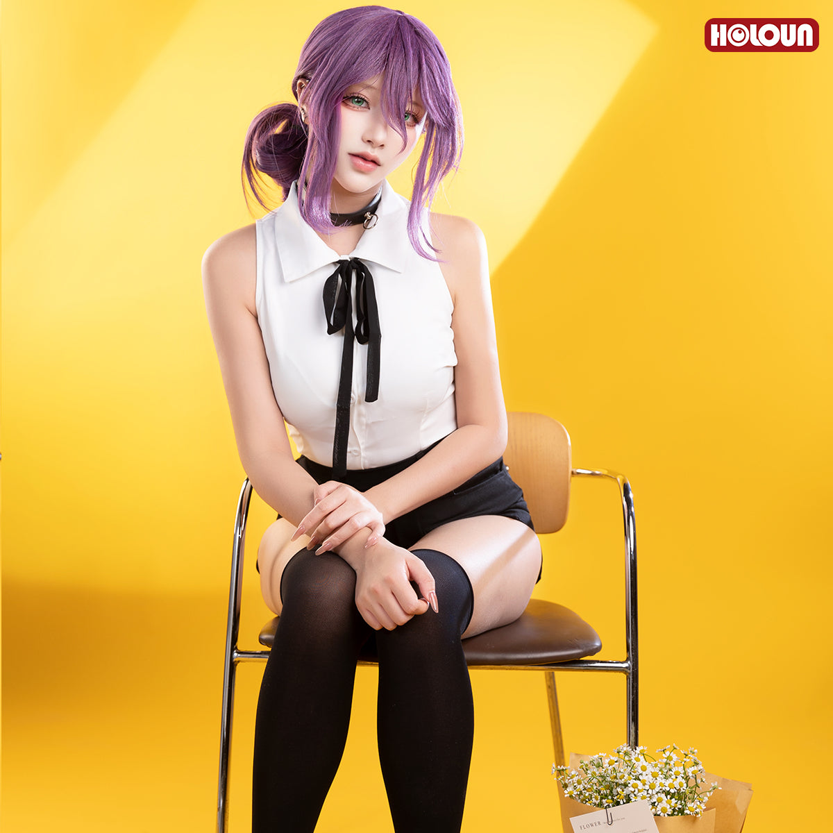 YOO Chainsaw Anime Reze Cosplay Costume Wig White Shirt Black Shorts Choker Tie Halloween Christmas Convention Rose Net thumbnail 9