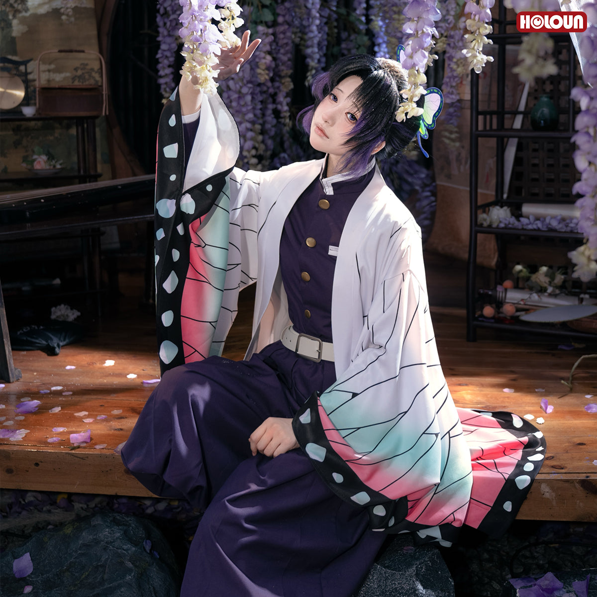 YOO Anime Kochou Shinobu Cosplay Costume Wig Embroidery Purple Top Pants Haori Belt Butterfly Cos Halloween Christmas Gift thumbnail 5