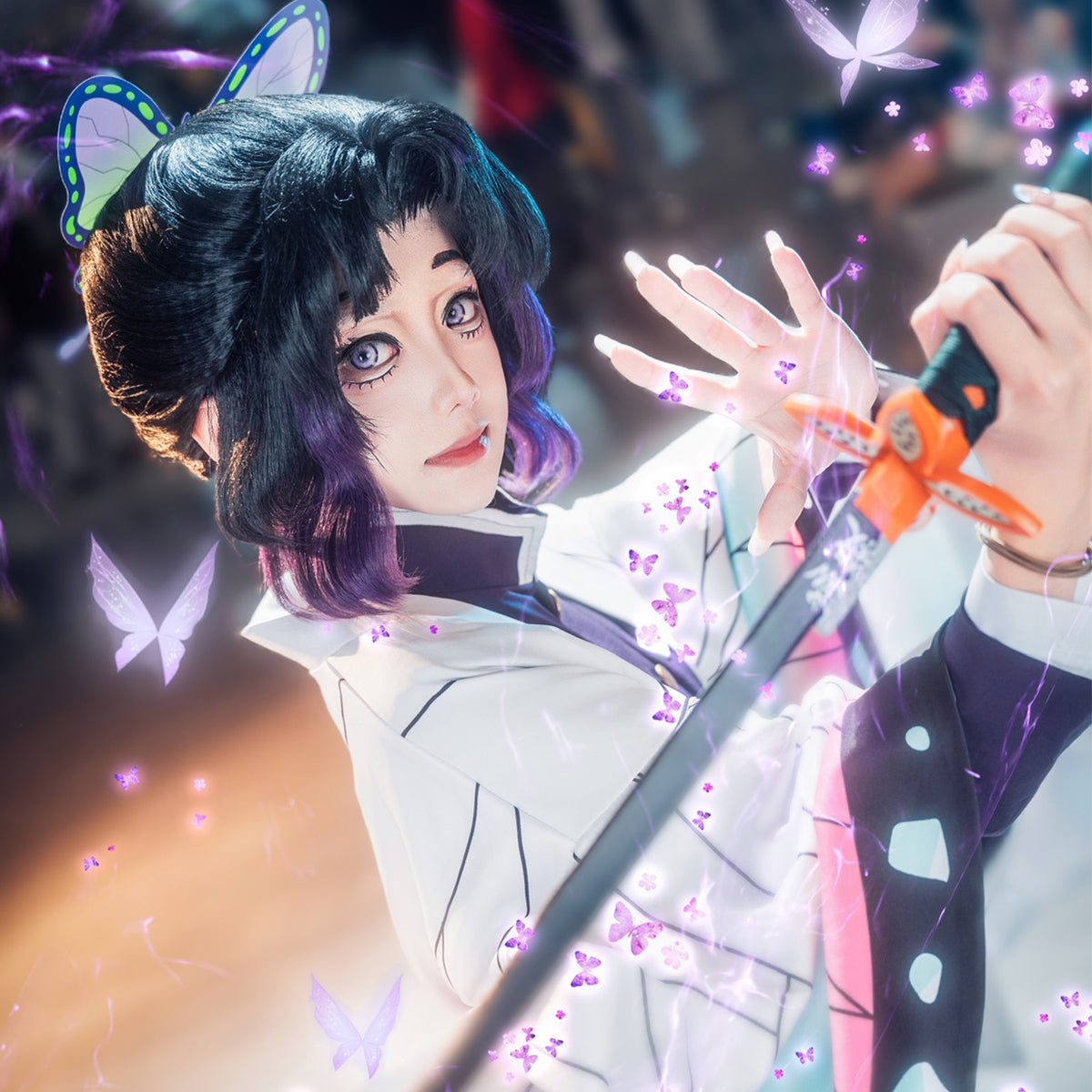 YOO Anime Kochou Shinobu Cosplay Costume Wig Embroidery Purple Top Pants Haori Belt Butterfly Cos Halloween Christmas Gift thumbnail 7