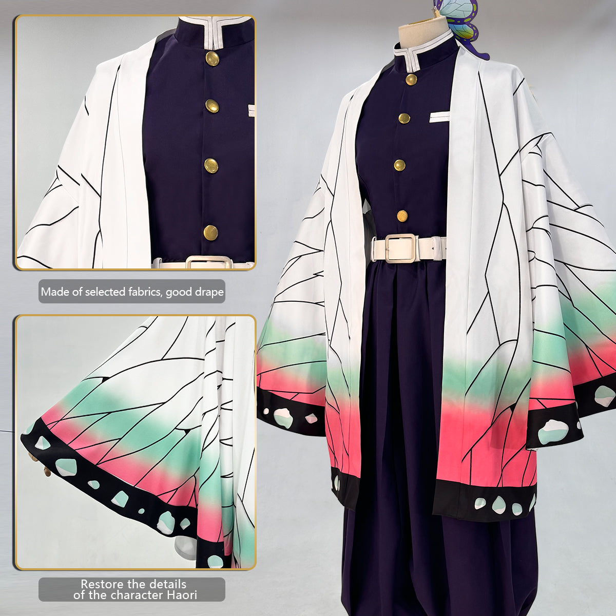 YOO Anime Kochou Shinobu Cosplay Costume Wig Embroidery Purple Top Pants Haori Belt Butterfly Cos Halloween Christmas Gift thumbnail 9