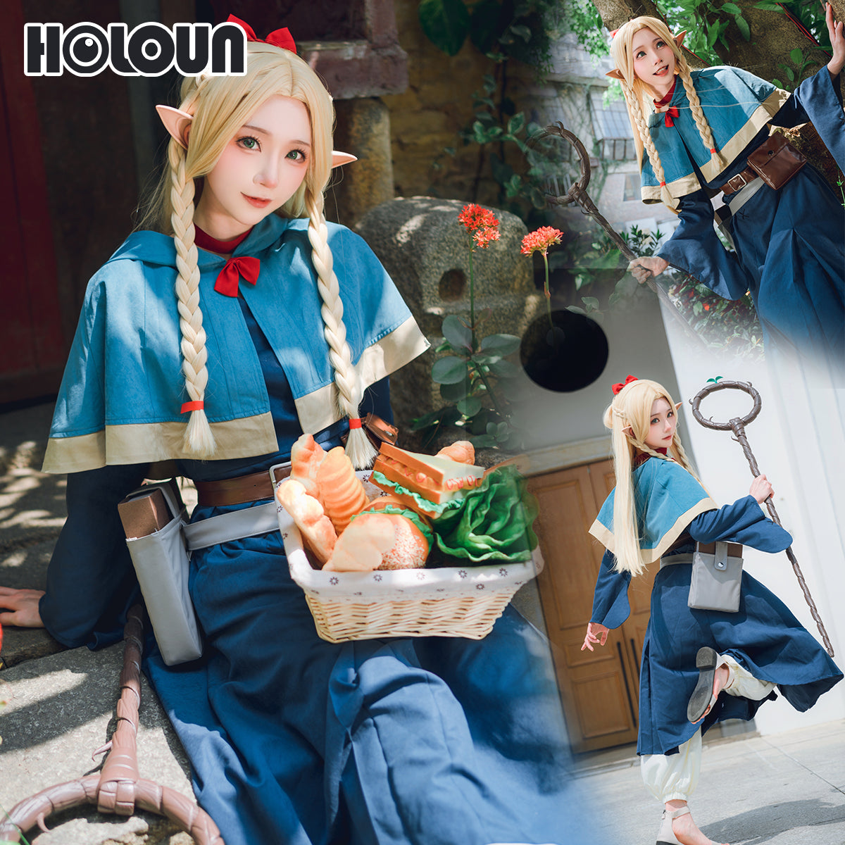 YOO Delicious in Anime Marcille Cosplay Costume Wig Shawl Cloak Dress Pants Rose Net thumbnail 6
