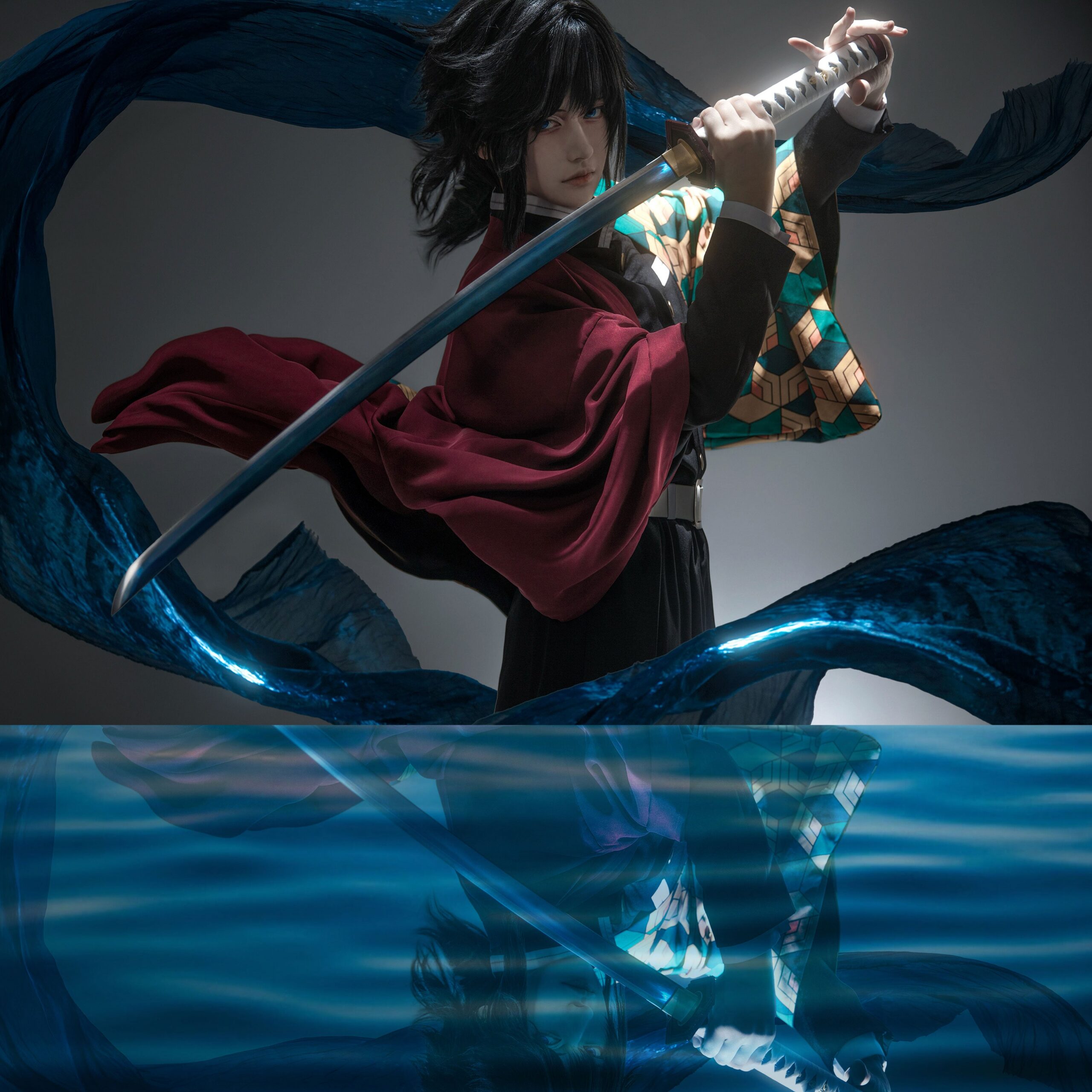 YOO Anime Tomioka Giyuu Cosplay Costume Wig Haori Embroidery Top Elastic Pants Belt Rose Net Cos Halloween Christmas thumbnail 2