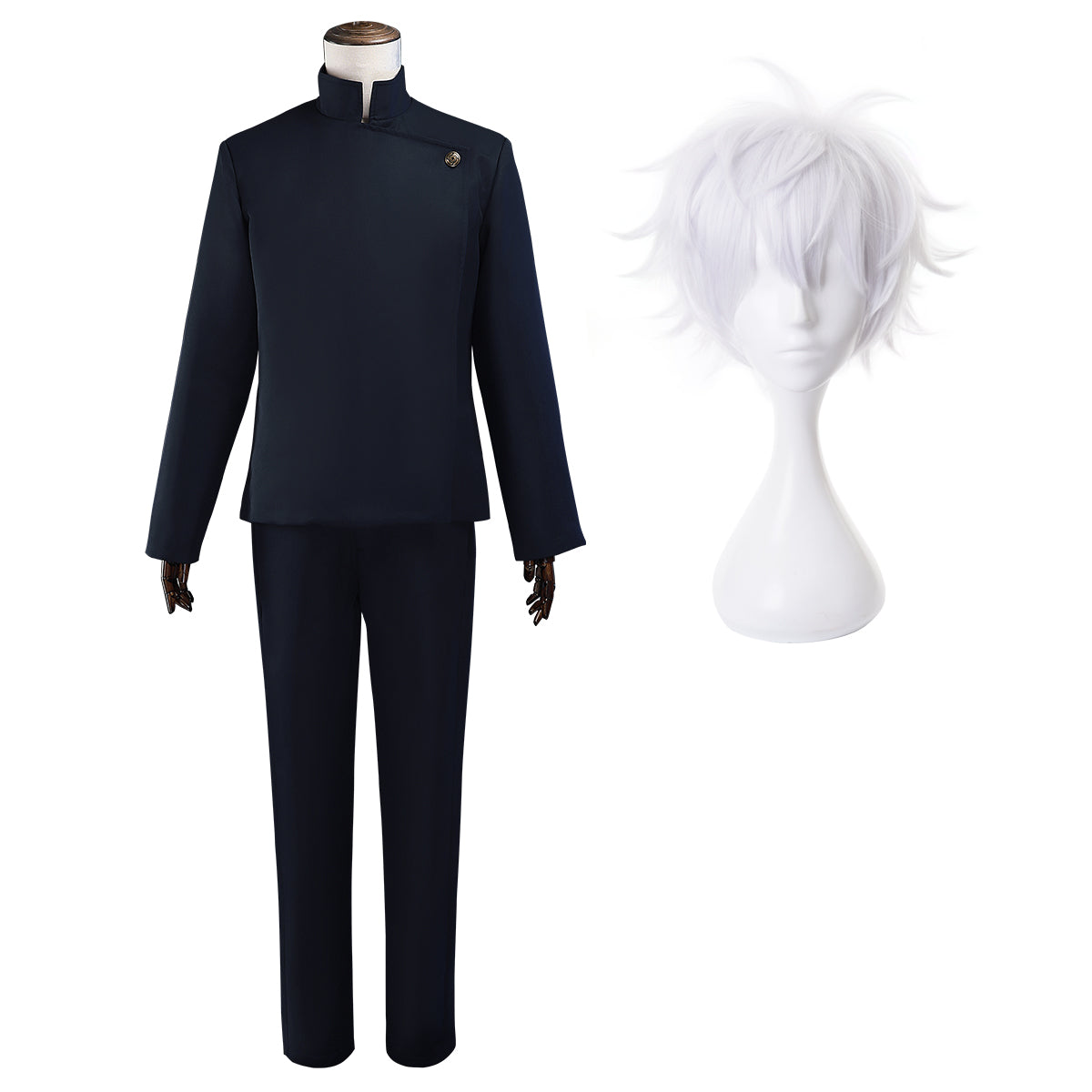 YOO Jujutsu JJK Manga Anime Satoru Gojo Cosplay Costume Wig Dark Blue Jacket Pants Uniform Rose Net Halloween