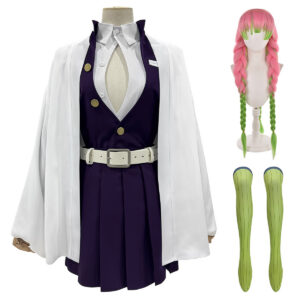 YOO Anime Kanroji Mitsuri Cosplay Costume Braided Wig Purple Embroidery Top Skirt White Haori Belt Stockings Cos Halloween