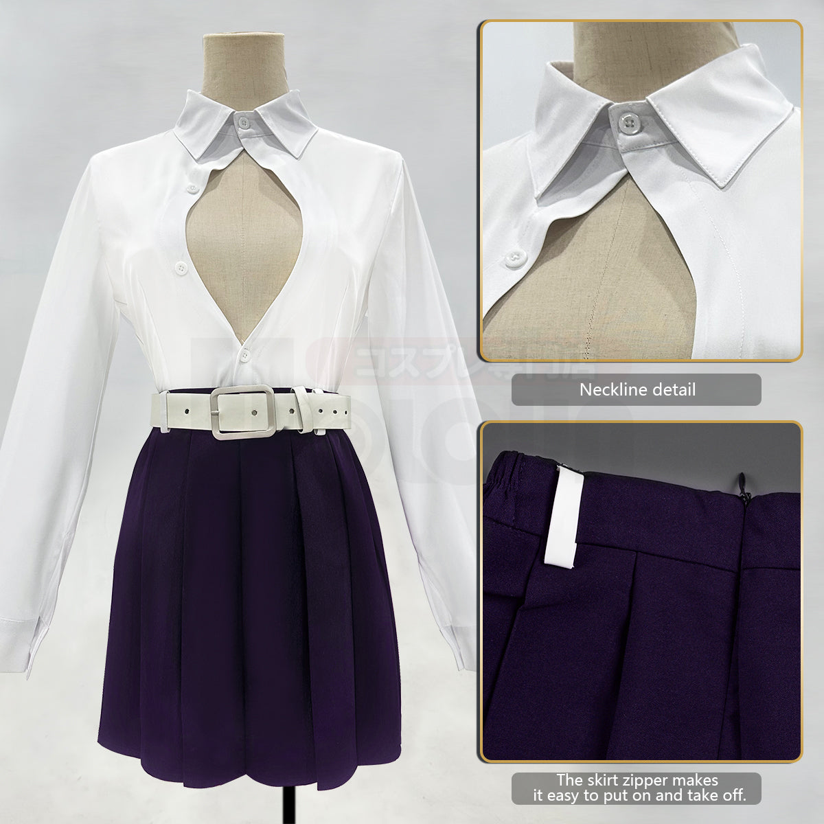 YOO Anime Kanroji Mitsuri Cosplay Costume Braided Wig Purple Embroidery Top Skirt White Haori Belt Stockings Cos Halloween thumbnail 10