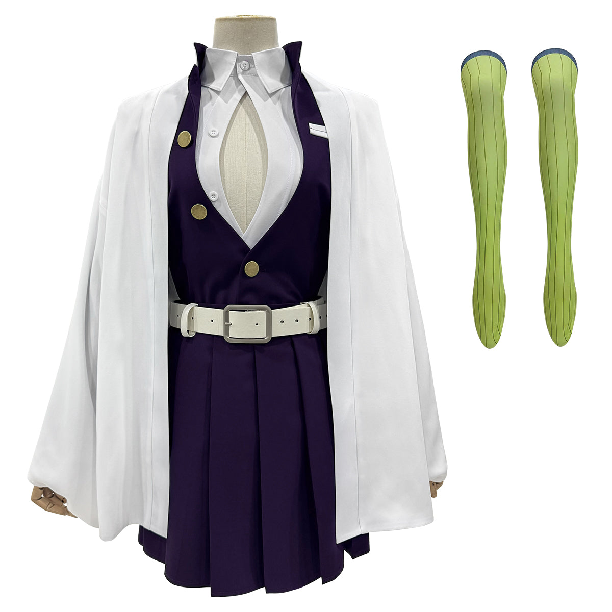 YOO Anime Kanroji Mitsuri Cosplay Costume Braided Wig Purple Embroidery Top Skirt White Haori Belt Stockings Cos Halloween thumbnail 2