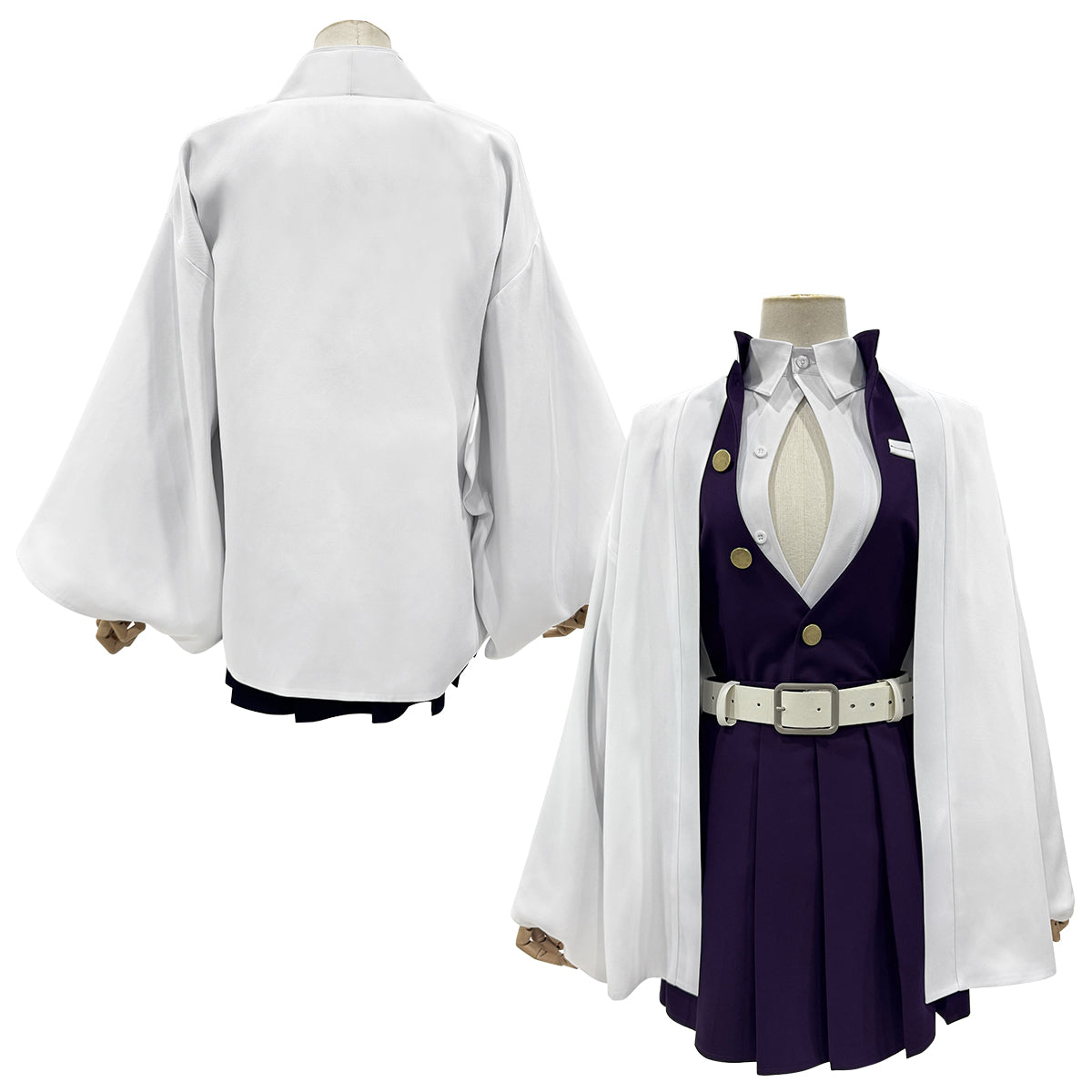YOO Anime Kanroji Mitsuri Cosplay Costume Braided Wig Purple Embroidery Top Skirt White Haori Belt Stockings Cos Halloween thumbnail 3