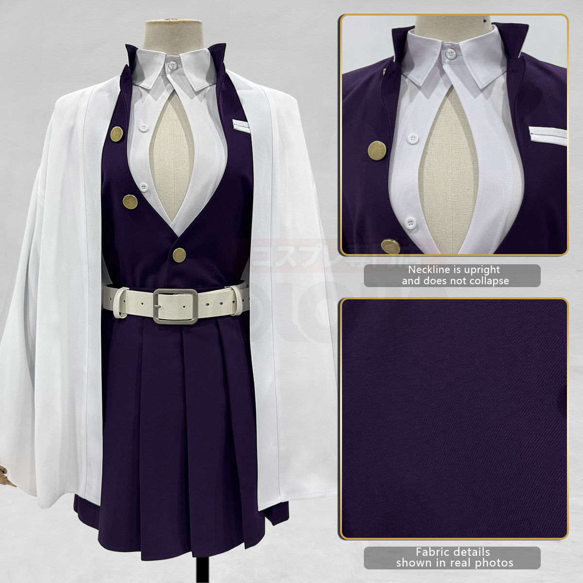 YOO Anime Kanroji Mitsuri Cosplay Costume Braided Wig Purple Embroidery Top Skirt White Haori Belt Stockings Cos Halloween thumbnail 7