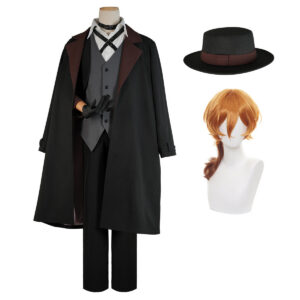 YOO Bungo Anime Nakahara Chuuya Cosplay Costume Wig Oversize Lining Coat Elastic Pants Shirt Vest Hat Gloves Choker Daily Wearing