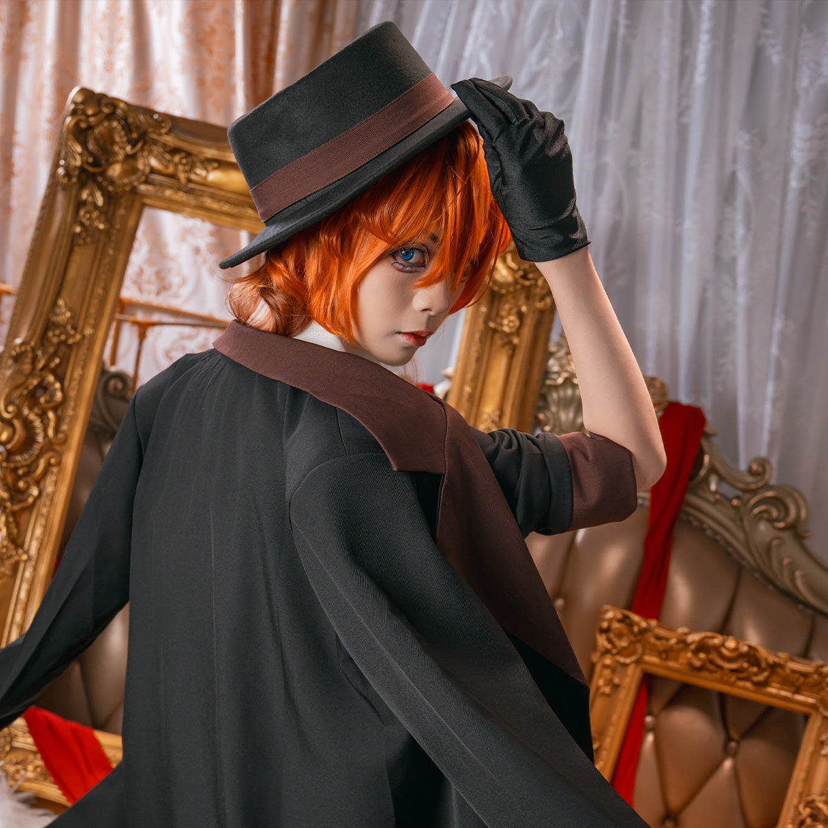 YOO Bungo Anime Nakahara Chuuya Cosplay Costume Wig Oversize Lining Coat Elastic Pants Shirt Vest Hat Gloves Choker Daily Wearing thumbnail 2