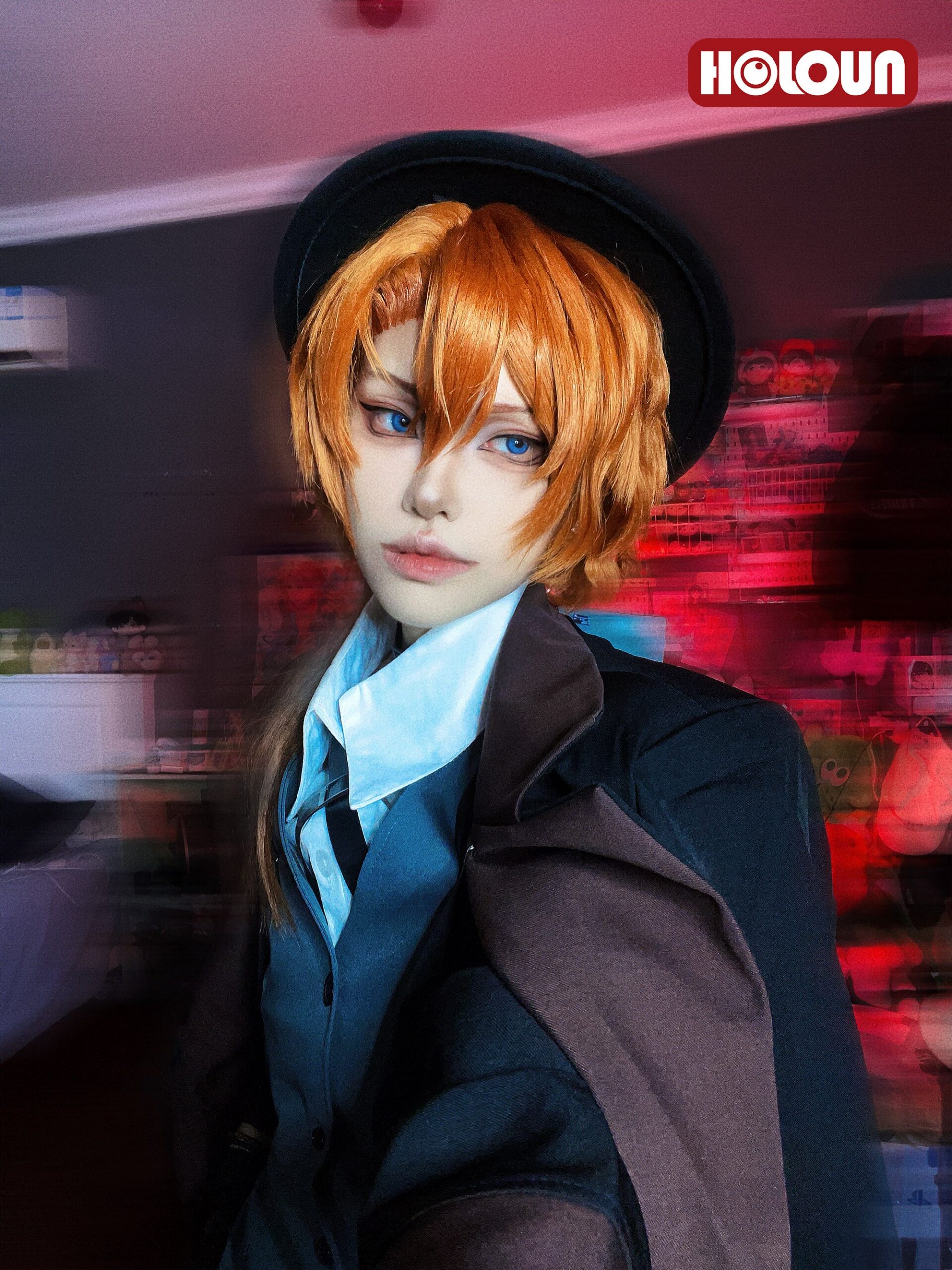 YOO Bungo Anime Nakahara Chuuya Cosplay Costume Wig Oversize Lining Coat Elastic Pants Shirt Vest Hat Gloves Choker Daily Wearing thumbnail 3