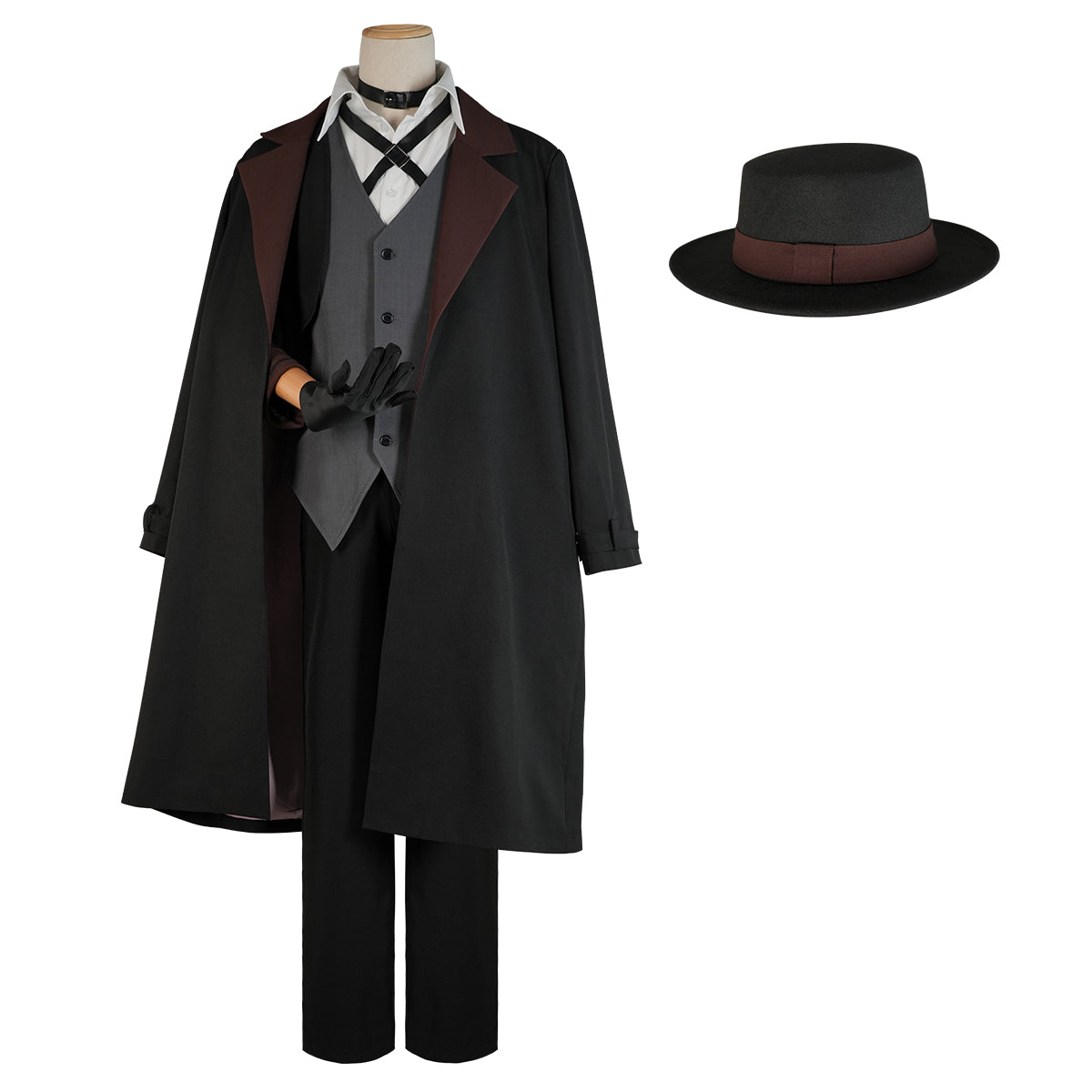 YOO Bungo Anime Nakahara Chuuya Cosplay Costume Wig Oversize Lining Coat Elastic Pants Shirt Vest Hat Gloves Choker Daily Wearing thumbnail 5