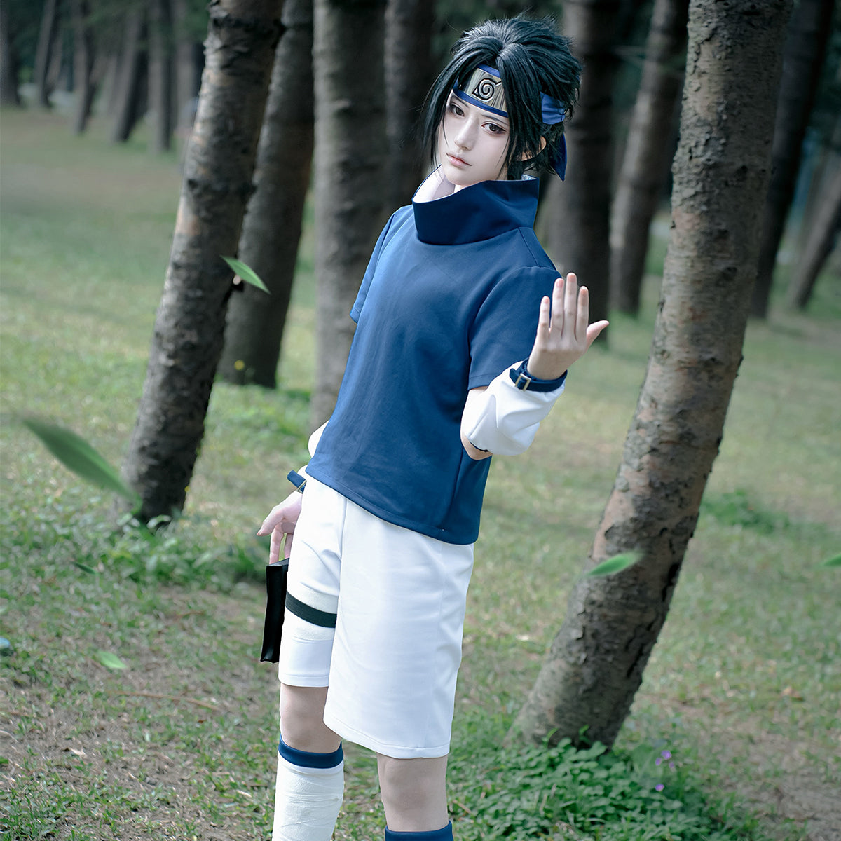 YOO Anime Uchiha Sasuke Cosplay Costume Blue Top White Shorts Cos Convention Adult Version Unisex Halloween Christmas Gift thumbnail 5