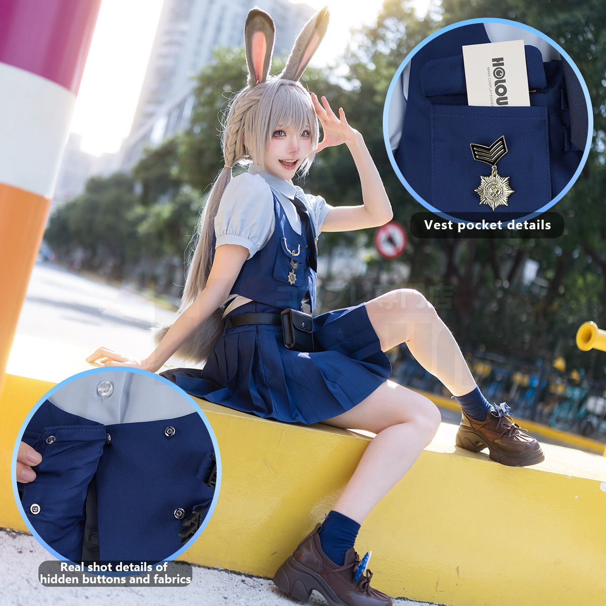 YOO Zoo Movie Judith Hopps Cosplay Costume Blue Vest Shirt Skirt Halloween Christmas Animation Convention Adult Daily Wear thumbnail 6
