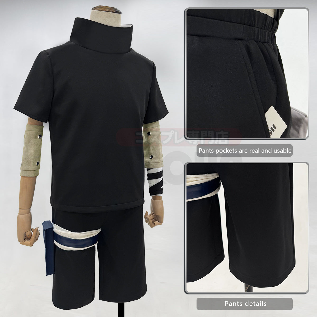 YOO Anime Uchiha Sasuke Cosplay Costume Black Top Shorts Waist Bag Animation Convention Adult Unisex Halloween Christmas thumbnail 8
