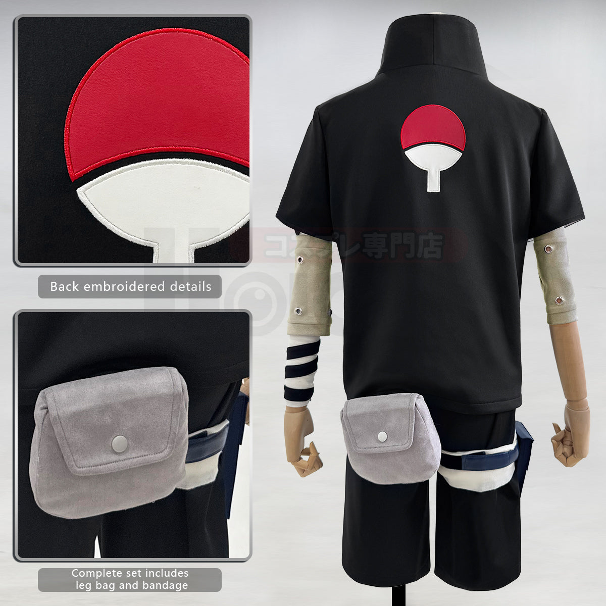 YOO Anime Uchiha Sasuke Cosplay Costume Black Top Shorts Waist Bag Animation Convention Adult Unisex Halloween Christmas thumbnail 9