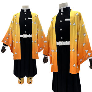 YOO Anime Agatsuma Zenitsu Cosplay Costume Wig Haori Embroidery Top Elastic Pants Belt Rose Net Cos Halloween Christmas Gift