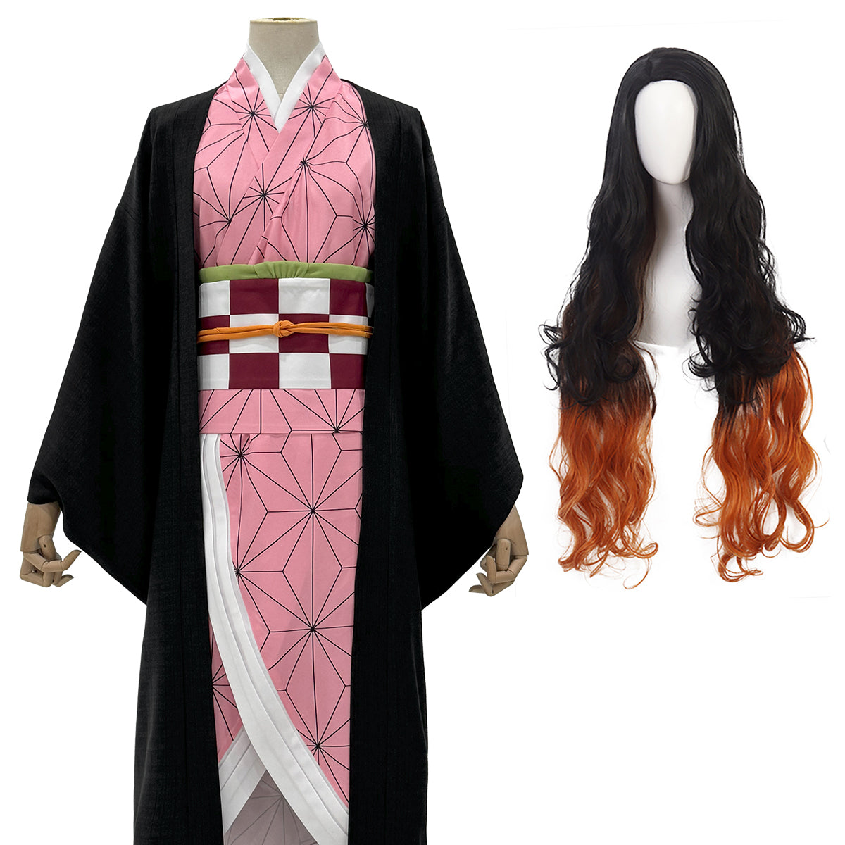 YOO Anime Kamado Nezuko Cosplay Costume Wig Haori Kimono Halloween Christmas Animation Convention Adult Rose Net thumbnail 3