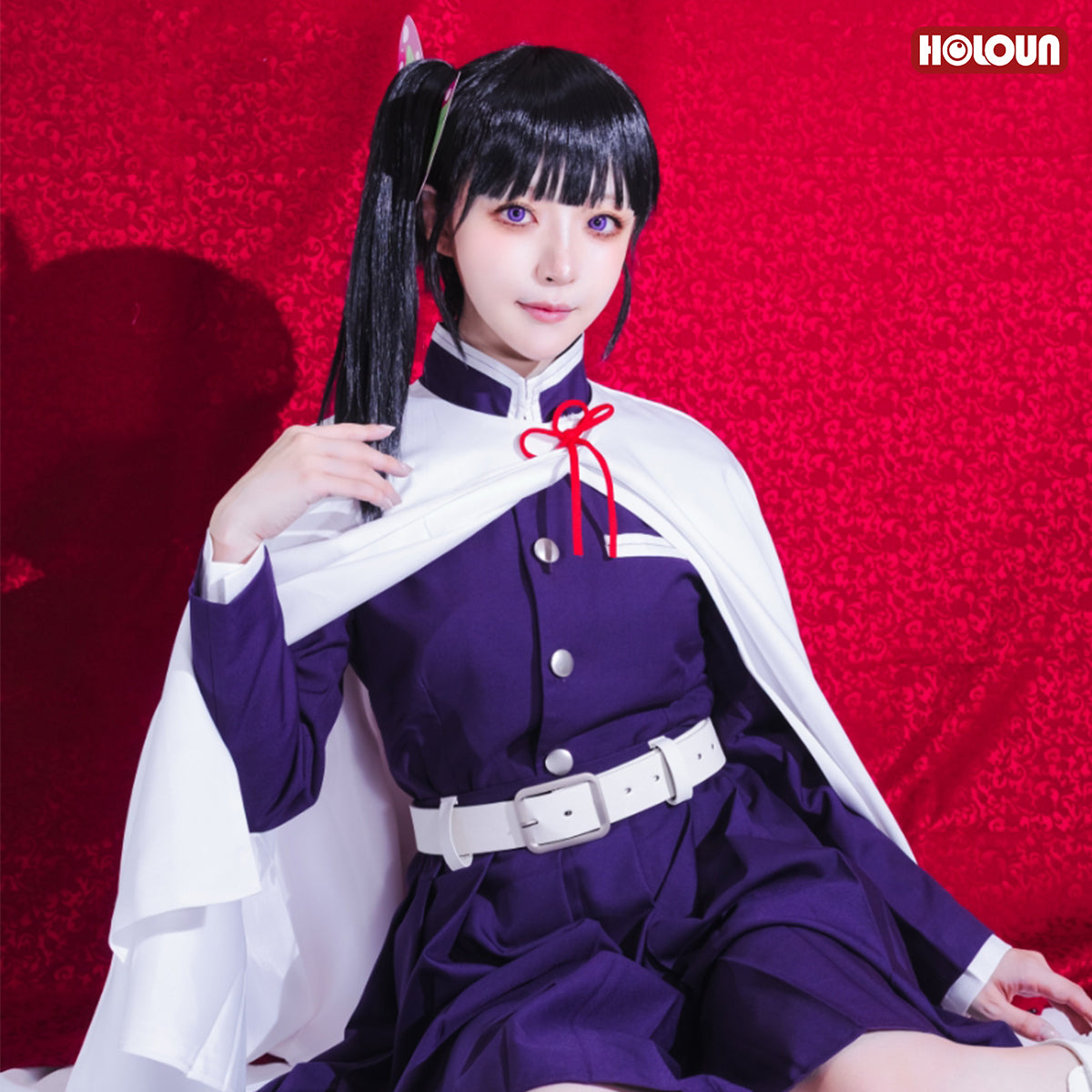 YOO Demon Anime Tsuyuri Kanawo Cosplay Costume Wig Embroidery Purple Top Skirt White Cloak Belt Cos Halloween Christmas Gift thumbnail 5