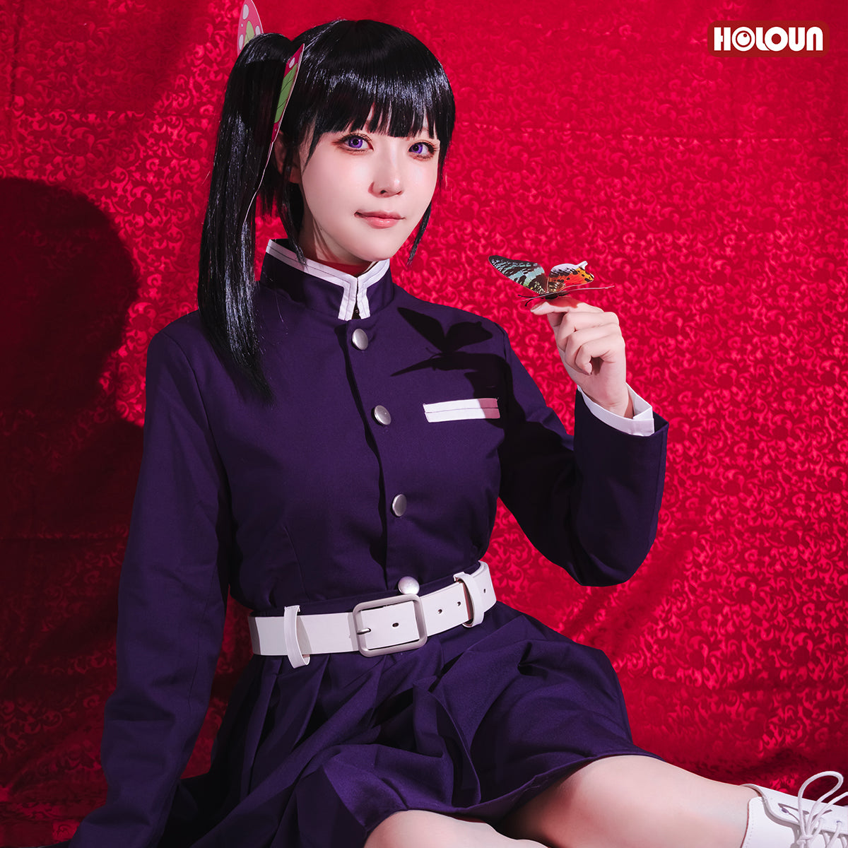 YOO Demon Anime Tsuyuri Kanawo Cosplay Costume Wig Embroidery Purple Top Skirt White Cloak Belt Cos Halloween Christmas Gift thumbnail 6