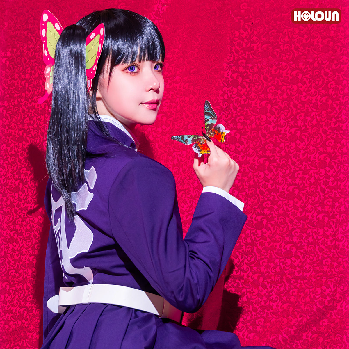 YOO Demon Anime Tsuyuri Kanawo Cosplay Costume Wig Embroidery Purple Top Skirt White Cloak Belt Cos Halloween Christmas Gift thumbnail 7