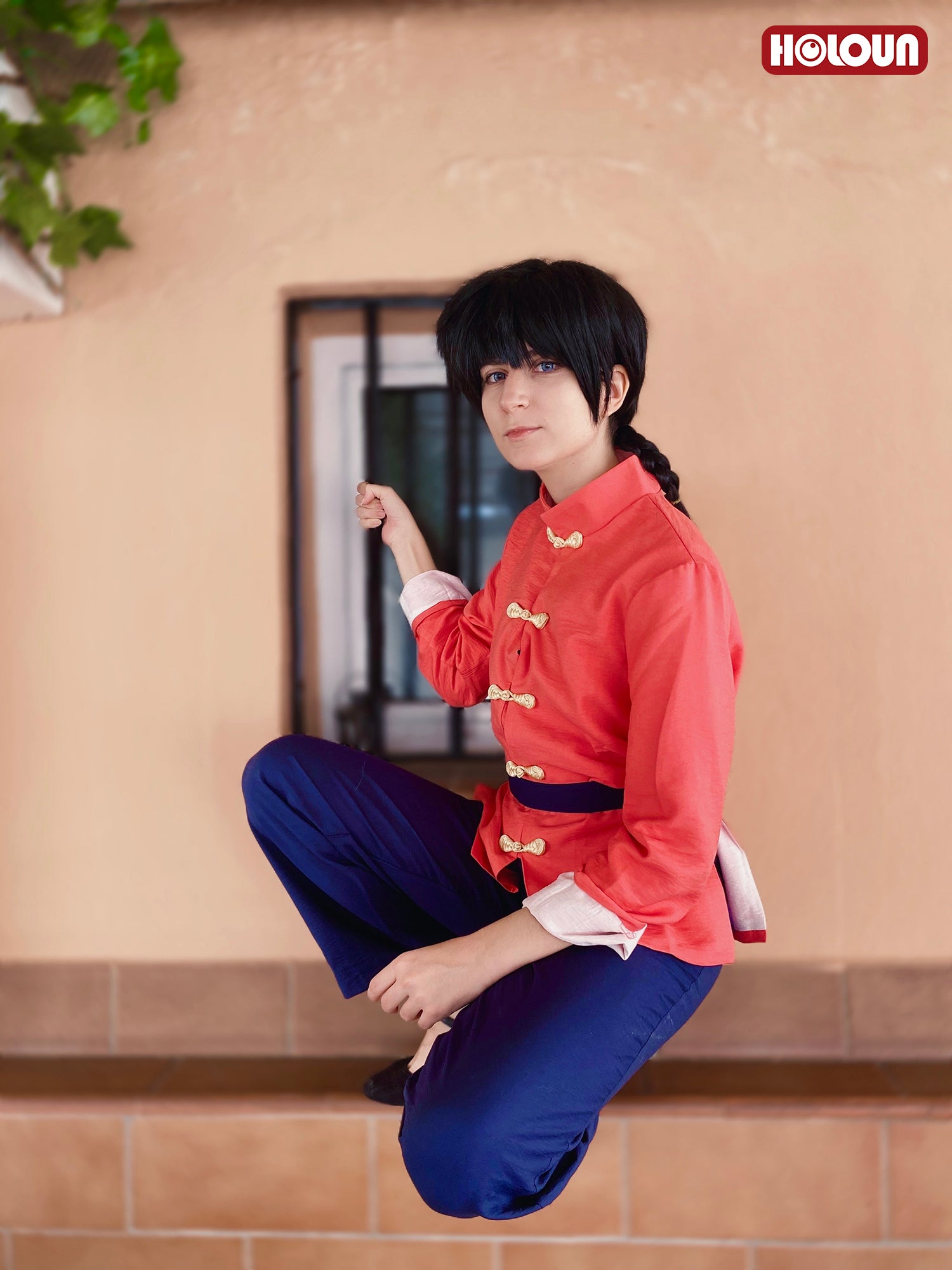 YOO Anime Ranma Saotome Cosplay Costume Wig Shirt Pants Belt Cos Convention Halloween Christmas Gift Rose Net thumbnail 3