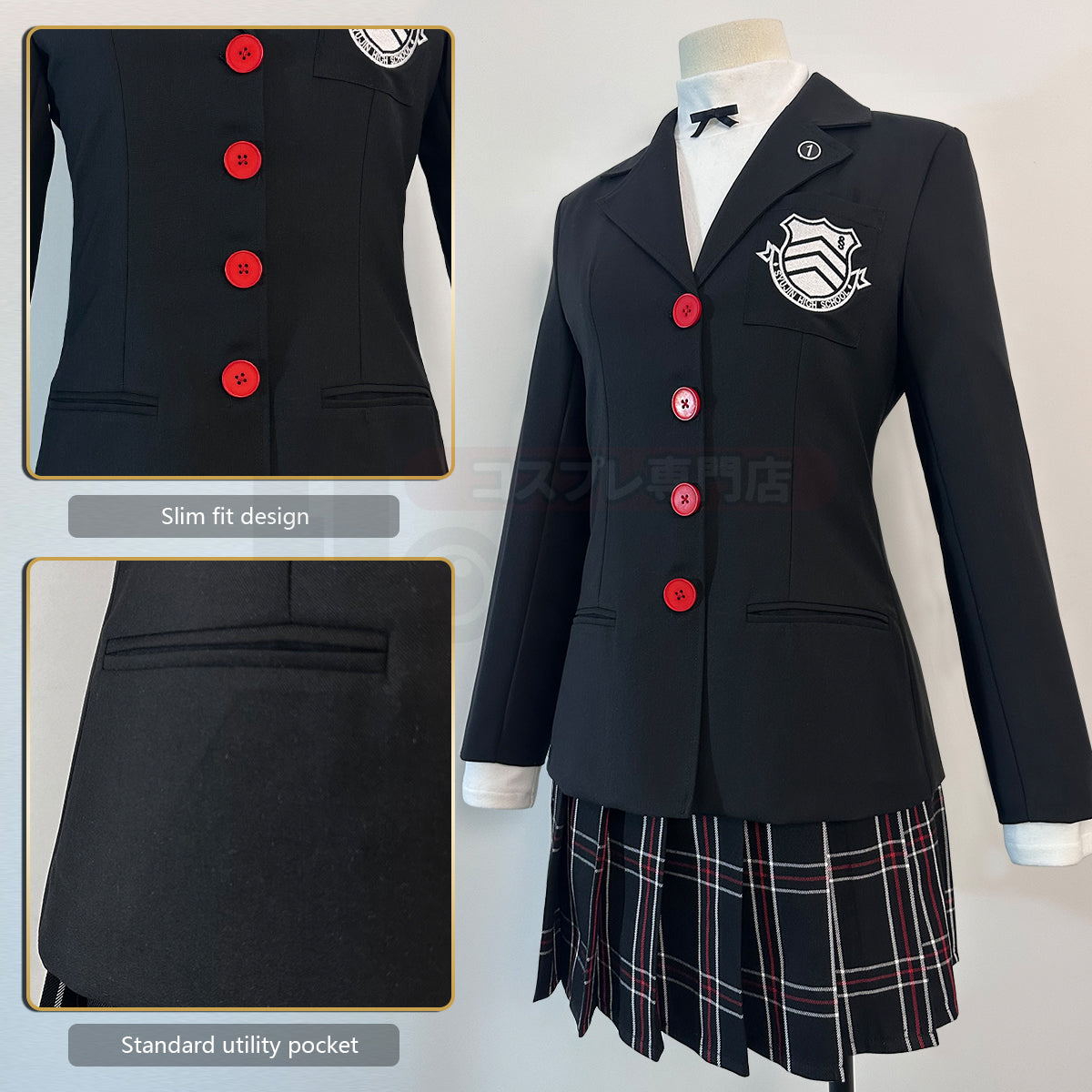 YOO P5 Game Kasumi Yoshizawa Cosplay Costume Wig School Uniform Embroidery School Badge Suit Plaid JK Skirt Shirt Rose Net thumbnail 5
